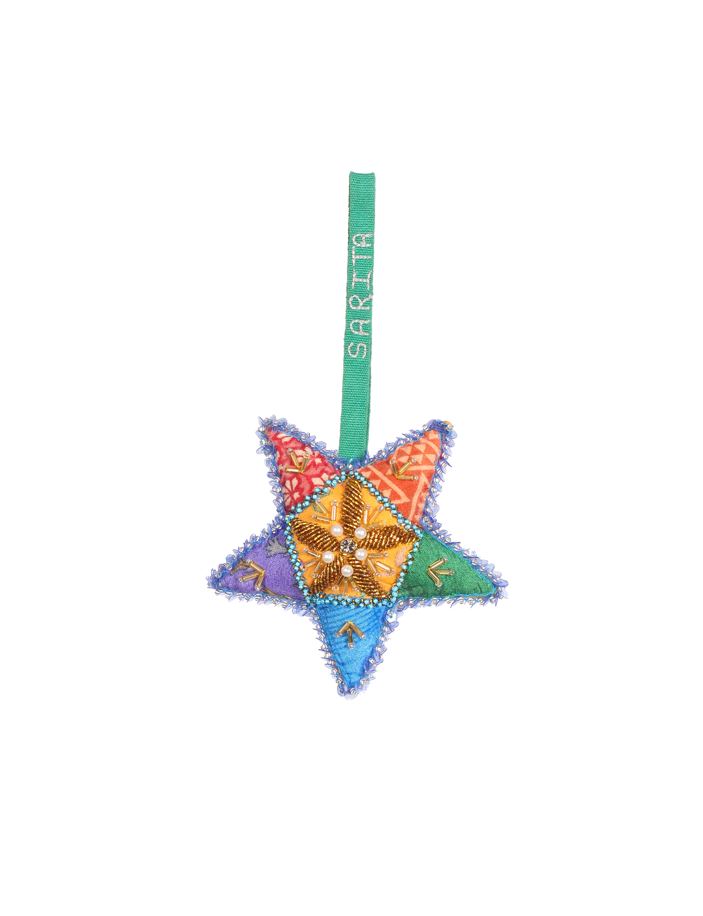 Colorful star-shaped Artisans Christmas Ornament made from upcycled fabric, symbolizing joy and hope. A sustainable fashion item promoting eco-friendly, zero-waste clothing and ethical fashion practices.