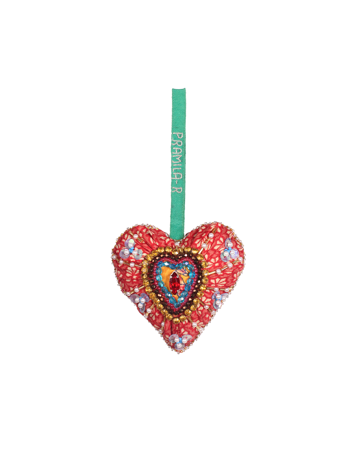 Heart-shaped Artisans Christmas Ornament crafted from upcycled saris with intricate design, symbolizing love and kindness. An eco-friendly, sustainable fashion piece that supports ethical, zero-waste, and recycled clothing ideals.