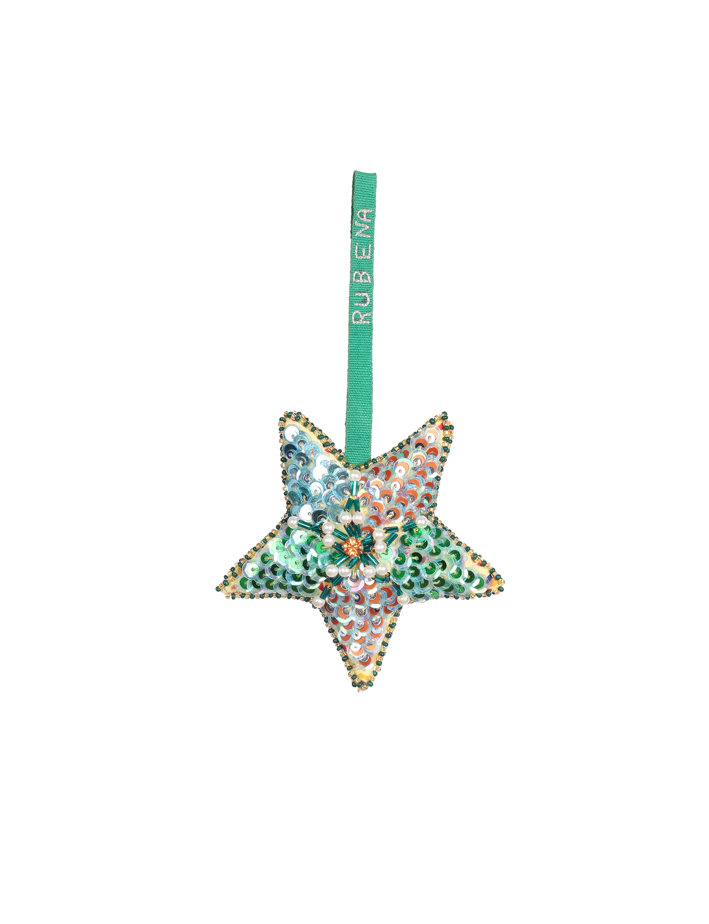 Star-shaped Artisans Christmas Ornament with web embroidery, crafted from upcycled materials. A symbol of strength and sustainability, promoting ethical fashion, recycled clothing, and eco-friendly fashion ideals.