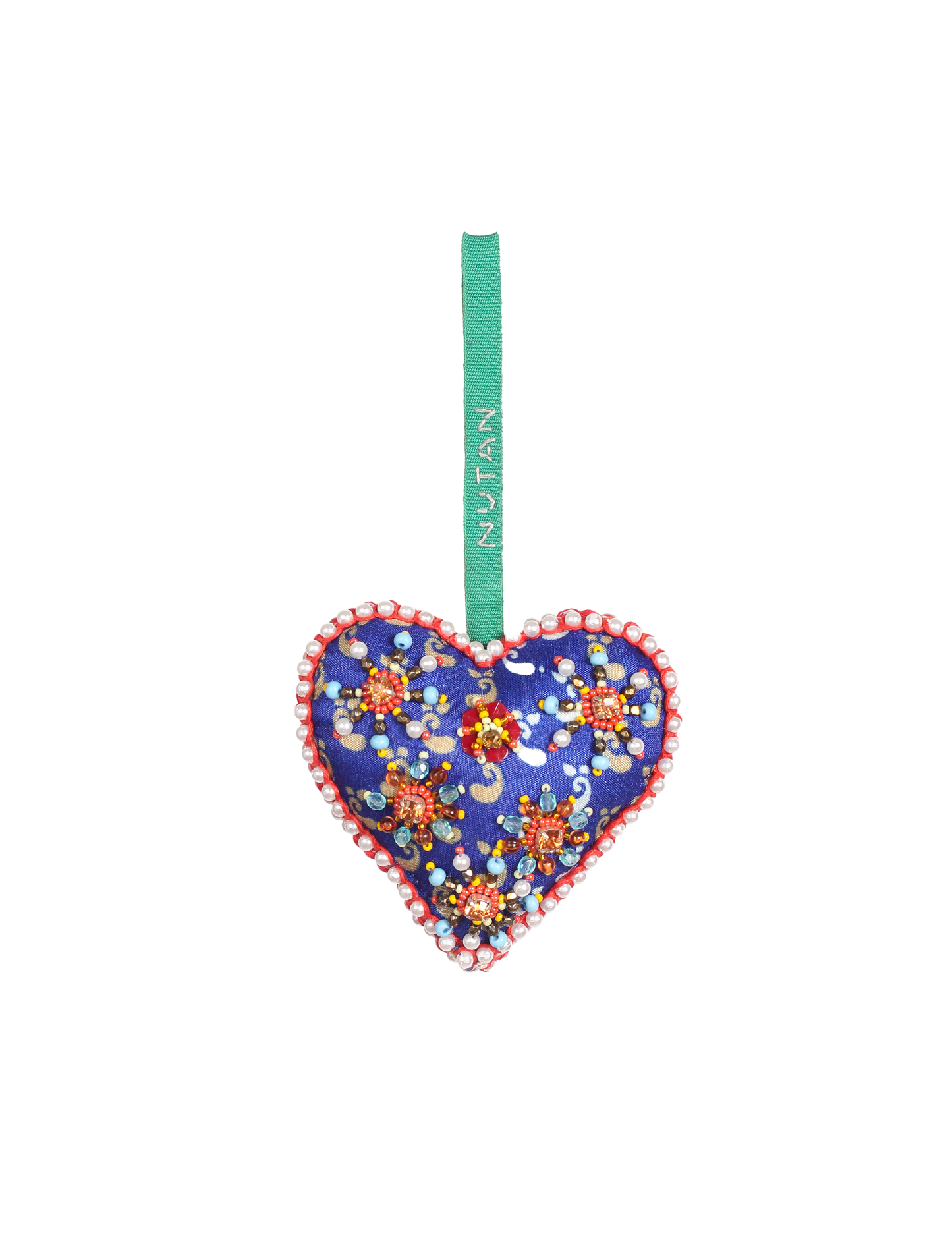 Blue heart-shaped ornament with an intricately embroidered snowflake, handmade from recycled fabric. A sustainable, eco-friendly product that highlights upcycled clothing and ethical fashion, perfect for adding a serene winter touch to your holiday décor.