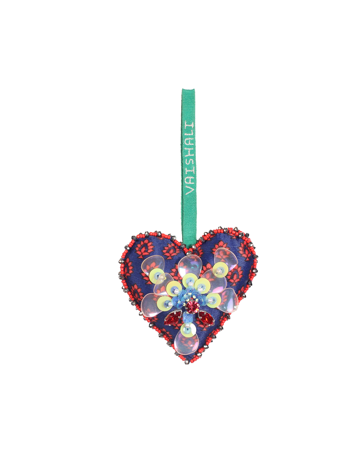 Heart-shaped Christmas ornament embellished with shimmering shell-like sequins. Crafted from recycled fabric, it combines sustainable fashion, ethical clothing, and eco-friendly practices for a festive, earth-friendly holiday season.