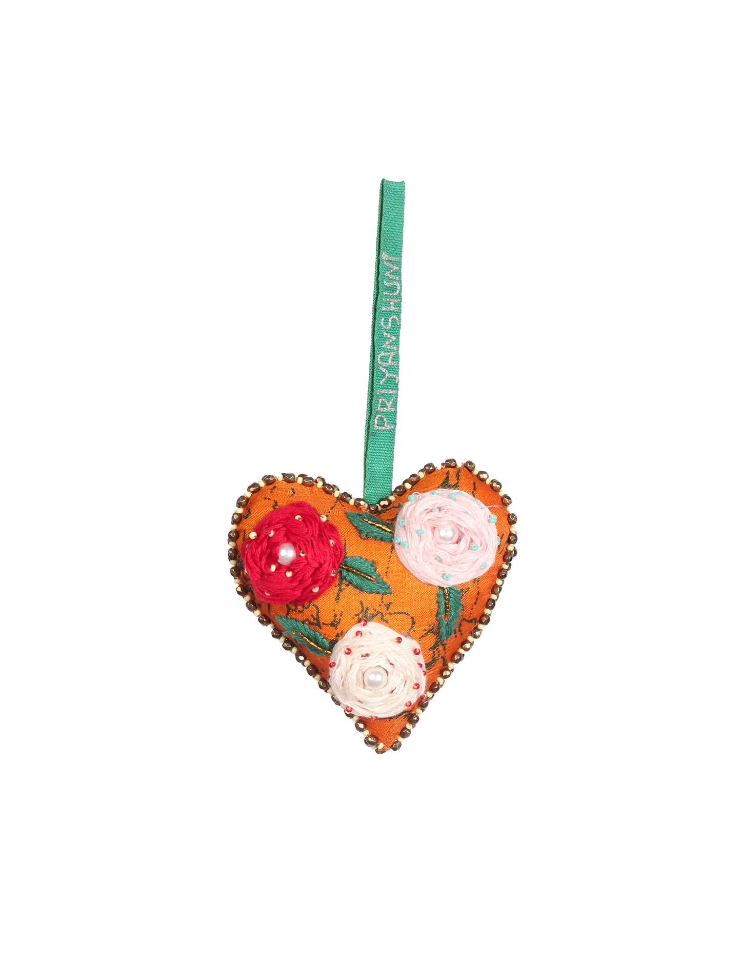 Heart-shaped Artisans Christmas Ornament embroidered with colorful roses, crafted from upcycled fabric. A sustainable, eco-friendly holiday décor item promoting ethical fashion, recycled clothing, and conscious fashion ideals.