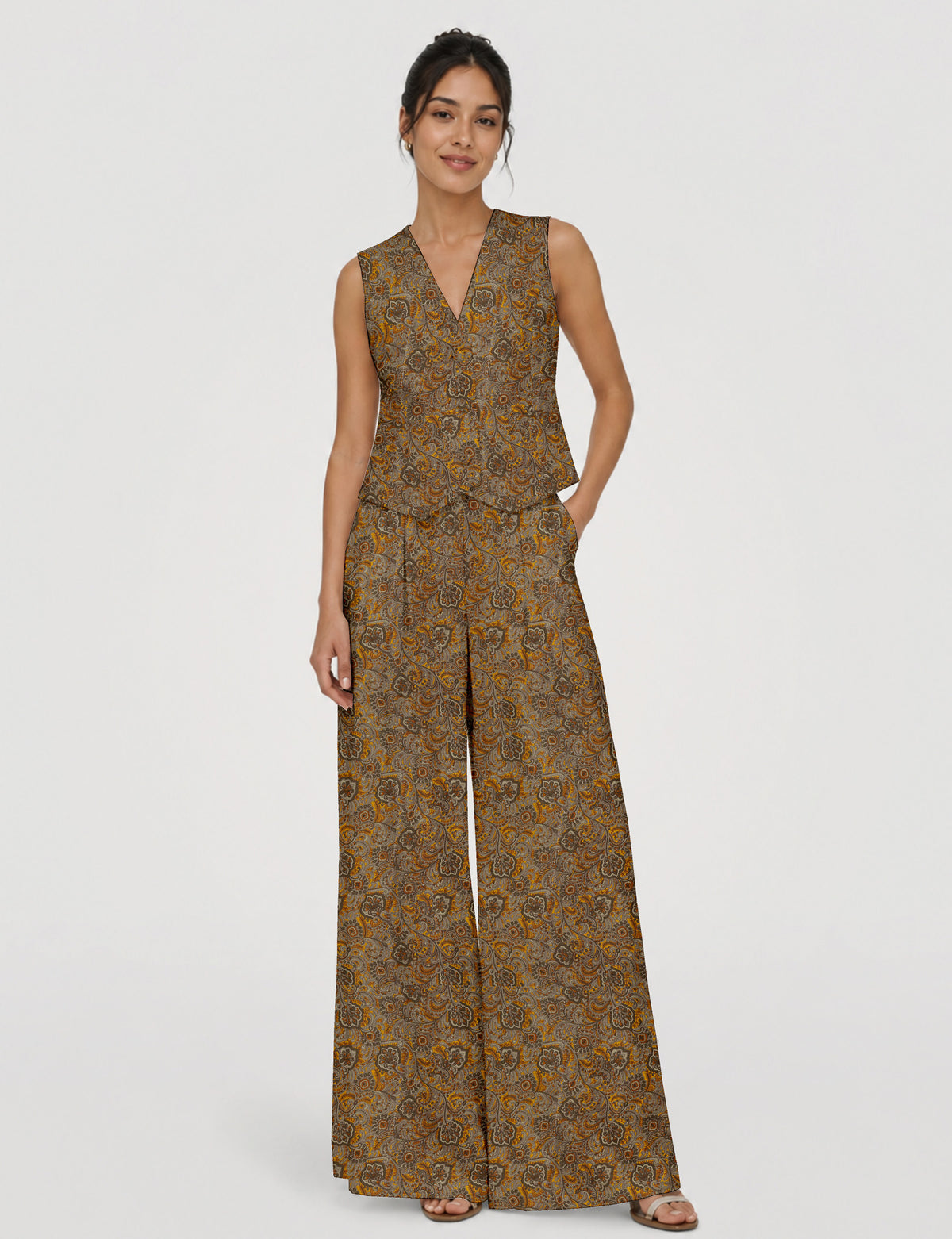 Women's tailored waistcoat set with a sleeveless V-neck button-front waistcoat and high-rise wide leg trousers in a coordinated matching outfit.