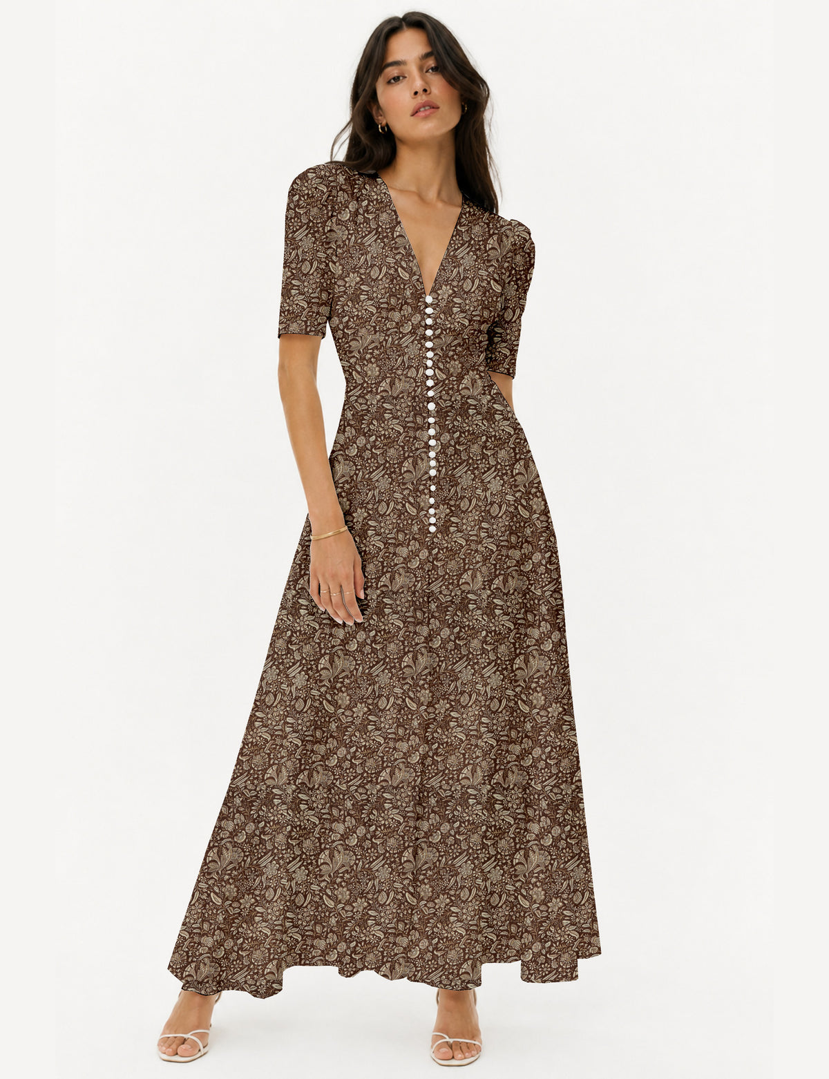 Robe longue romantique - Brun tropical