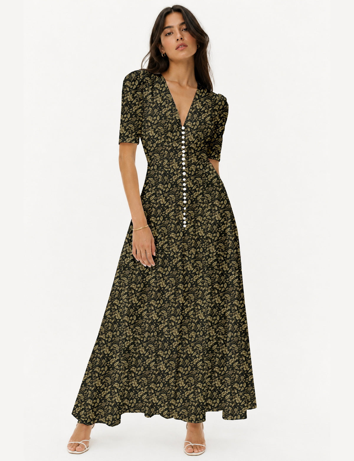 Vestido largo romántico - Floral beige