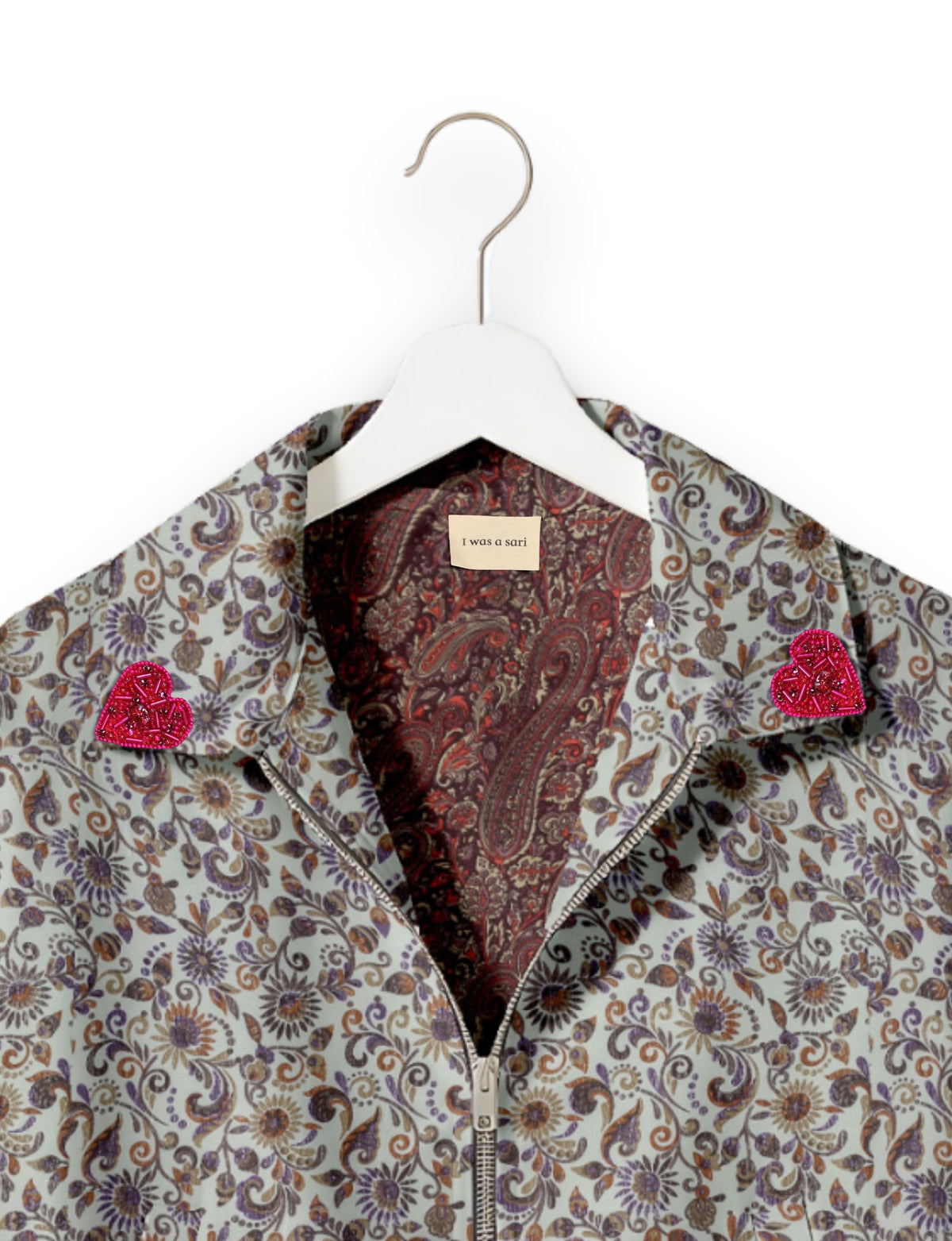 Love Bomber Jacket made from recycled fabric, featuring hand-stitched Aari embroidery. A unique piece of zero-waste clothing, part of the circular fashion movement. Designed with upcycled materials for a stylish yet environmentally friendly clothing choice.