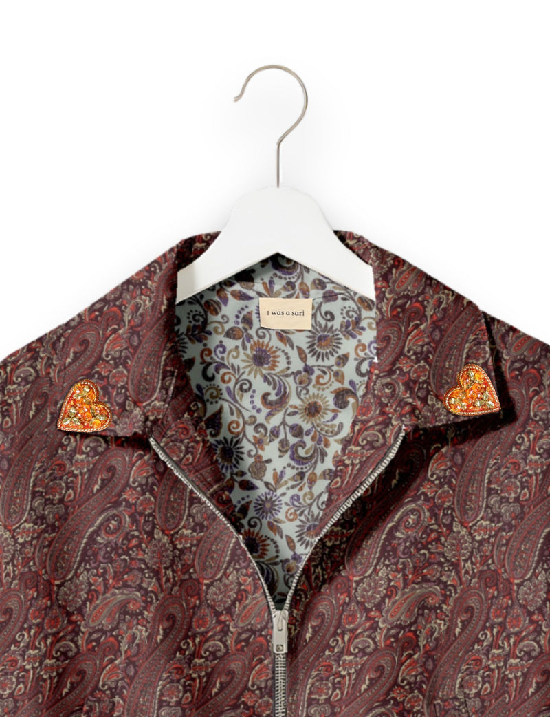 Love Bomber Jacket made from recycled fabric, featuring hand-stitched Aari embroidery. A unique piece of zero-waste clothing, part of the circular fashion movement. Designed with upcycled materials for a stylish yet environmentally friendly clothing choice.