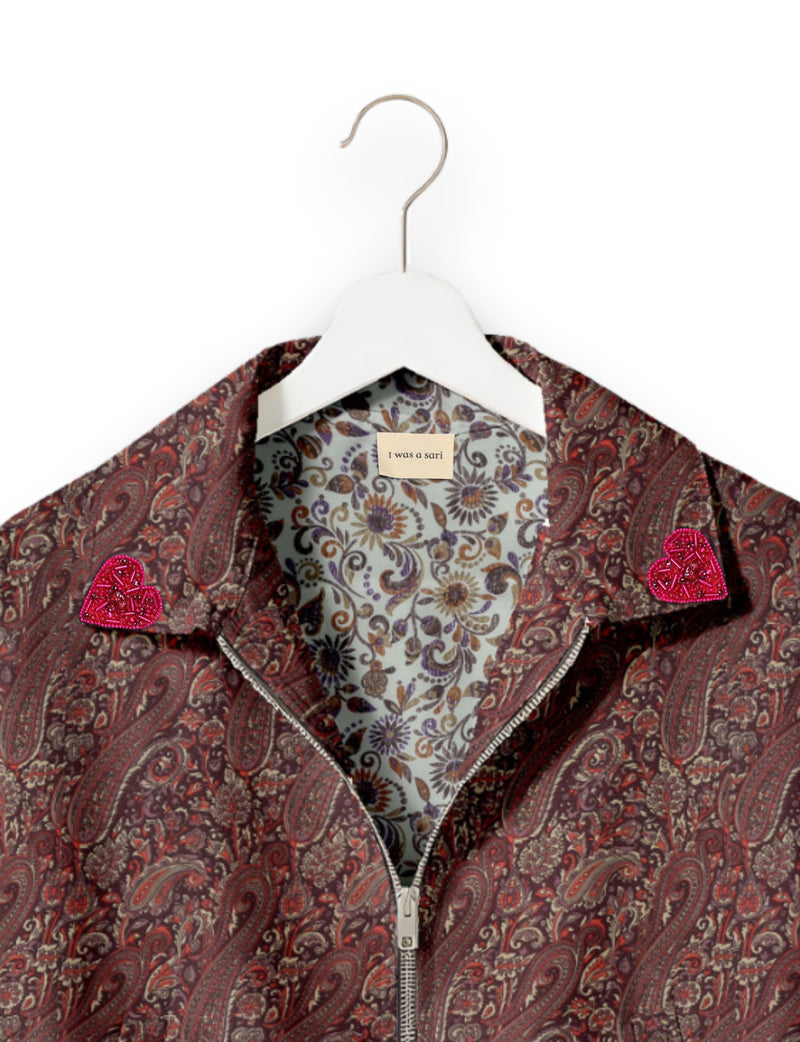 Love Bomber Jacket made from recycled fabric, featuring hand-stitched Aari embroidery. A unique piece of zero-waste clothing, part of the circular fashion movement. Designed with upcycled materials for a stylish yet environmentally friendly clothing choice.