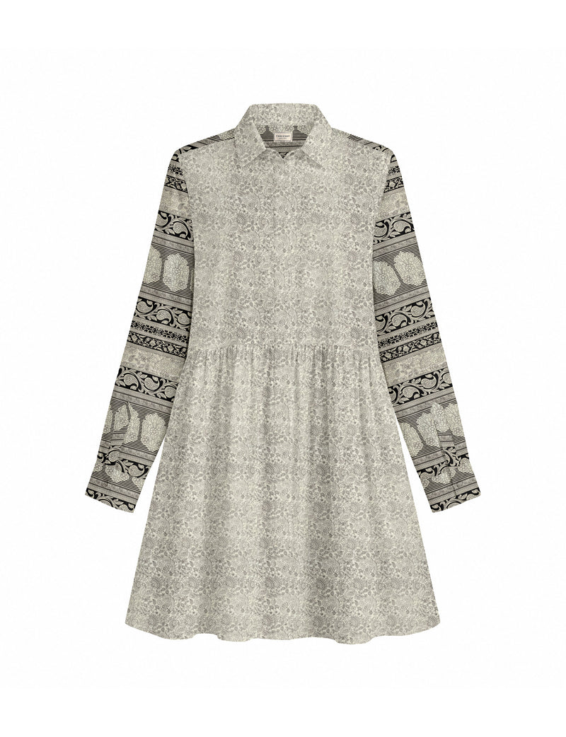 Short shirt dress with a relaxed A-line silhouette, point collar, partial button placket, gathered waist, side pockets, and full-length cuffed sleeves.