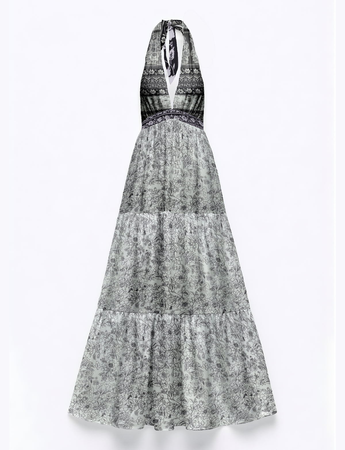 White maxi tiered dress with black floral and geometric tropical print, halter neckline, and deep V front, flat lay view