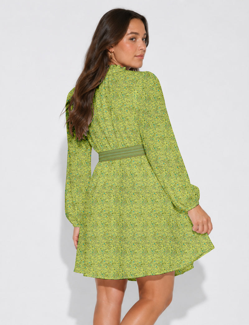 Swing dress with belt - Yellow Floral
