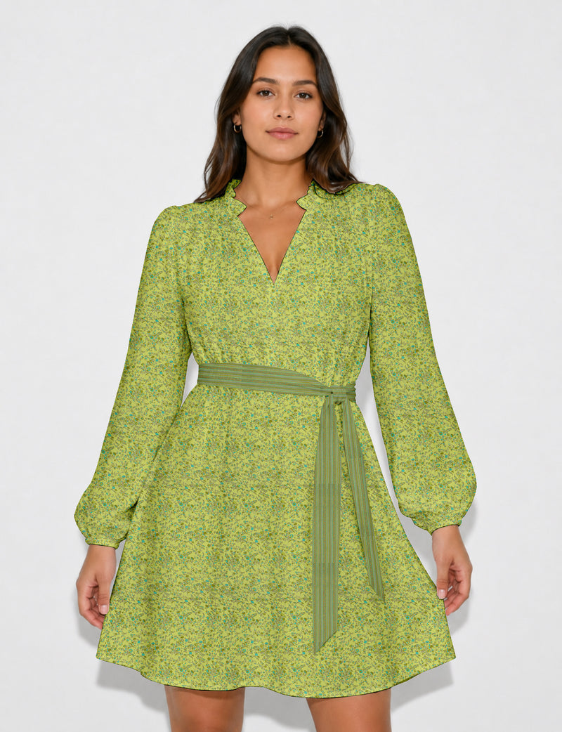 Swing dress with belt - Yellow Floral