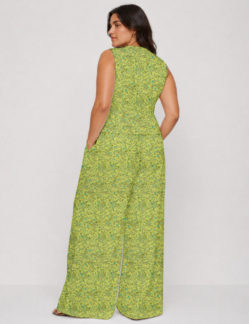 Women's tailored waistcoat set with a sleeveless V-neck button-front waistcoat and high-rise wide leg trousers in a coordinated matching outfit.