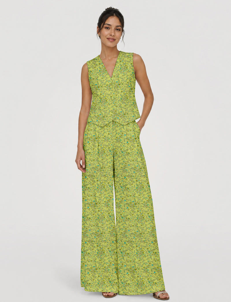 Women's tailored waistcoat set with a sleeveless V-neck button-front waistcoat and high-rise wide leg trousers in a coordinated matching outfit.