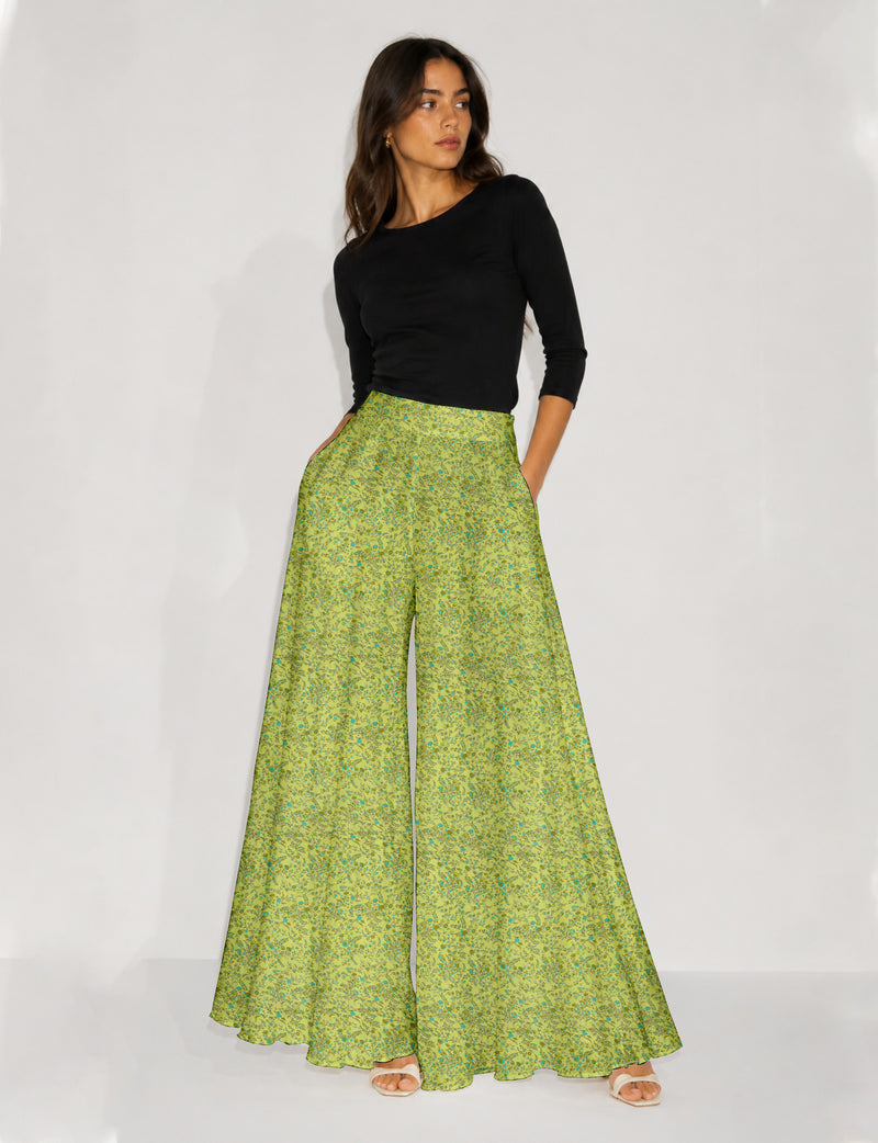 Wide Leg Palazzo Trousers - Yellow Floral