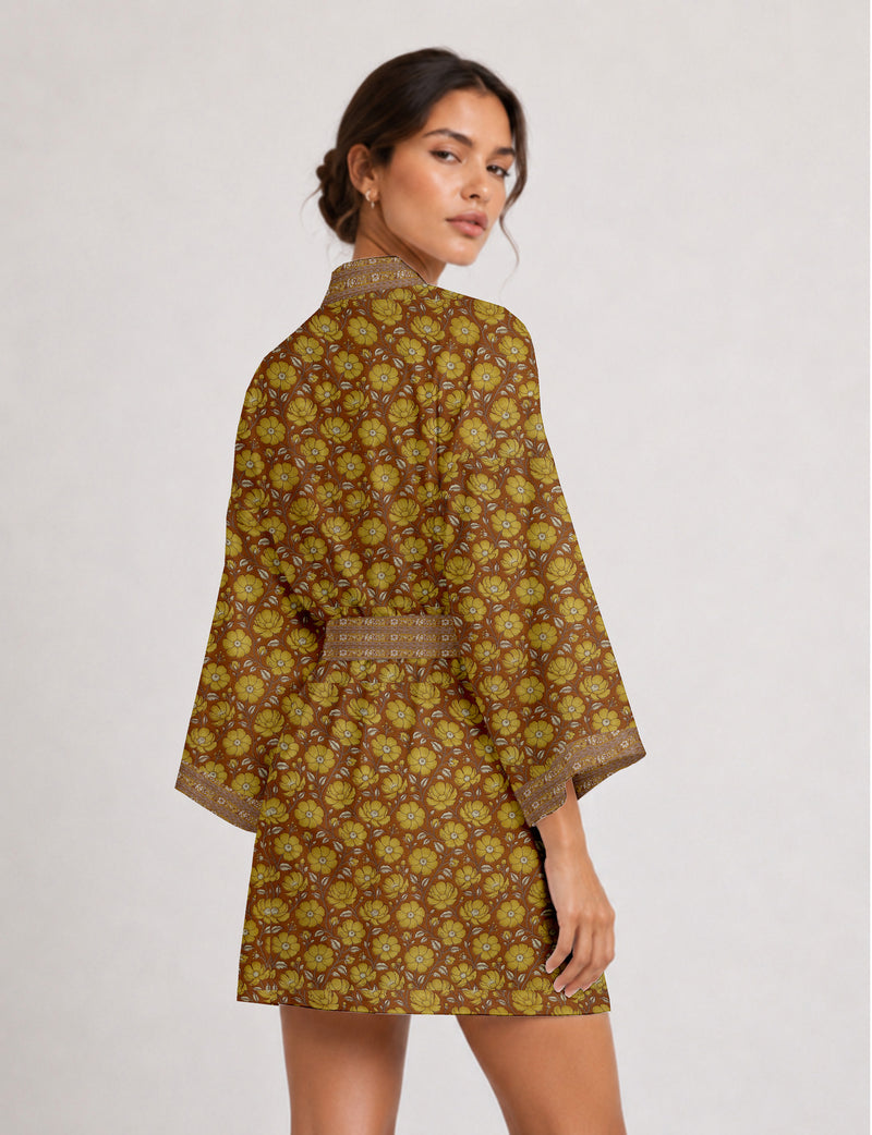 Short kimono robe - Yellow Floral