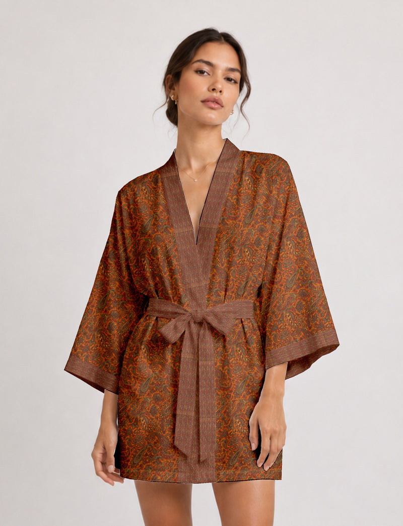 Short kimono robe - Yellow Paisley