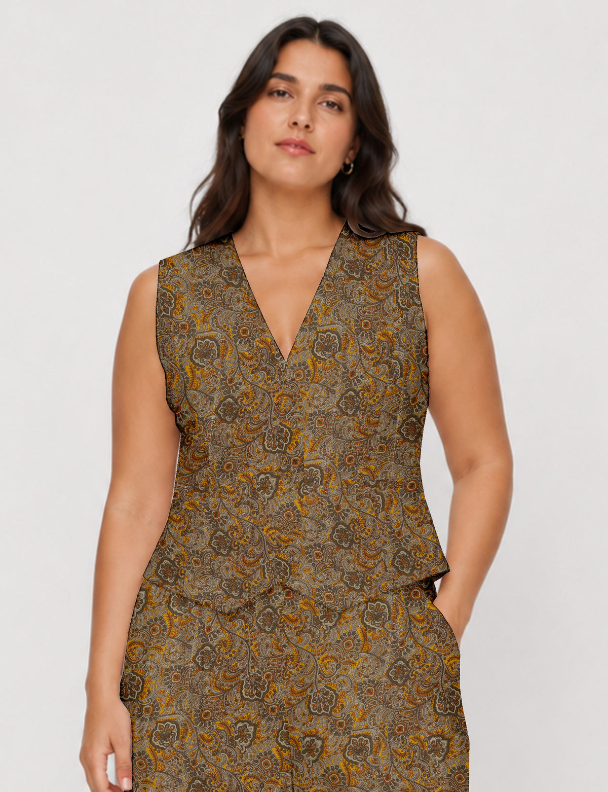 Women's fitted waistcoat with V-neck, single-breasted button closure, tailored silhouette, and pointed hem in sustainable fashion.