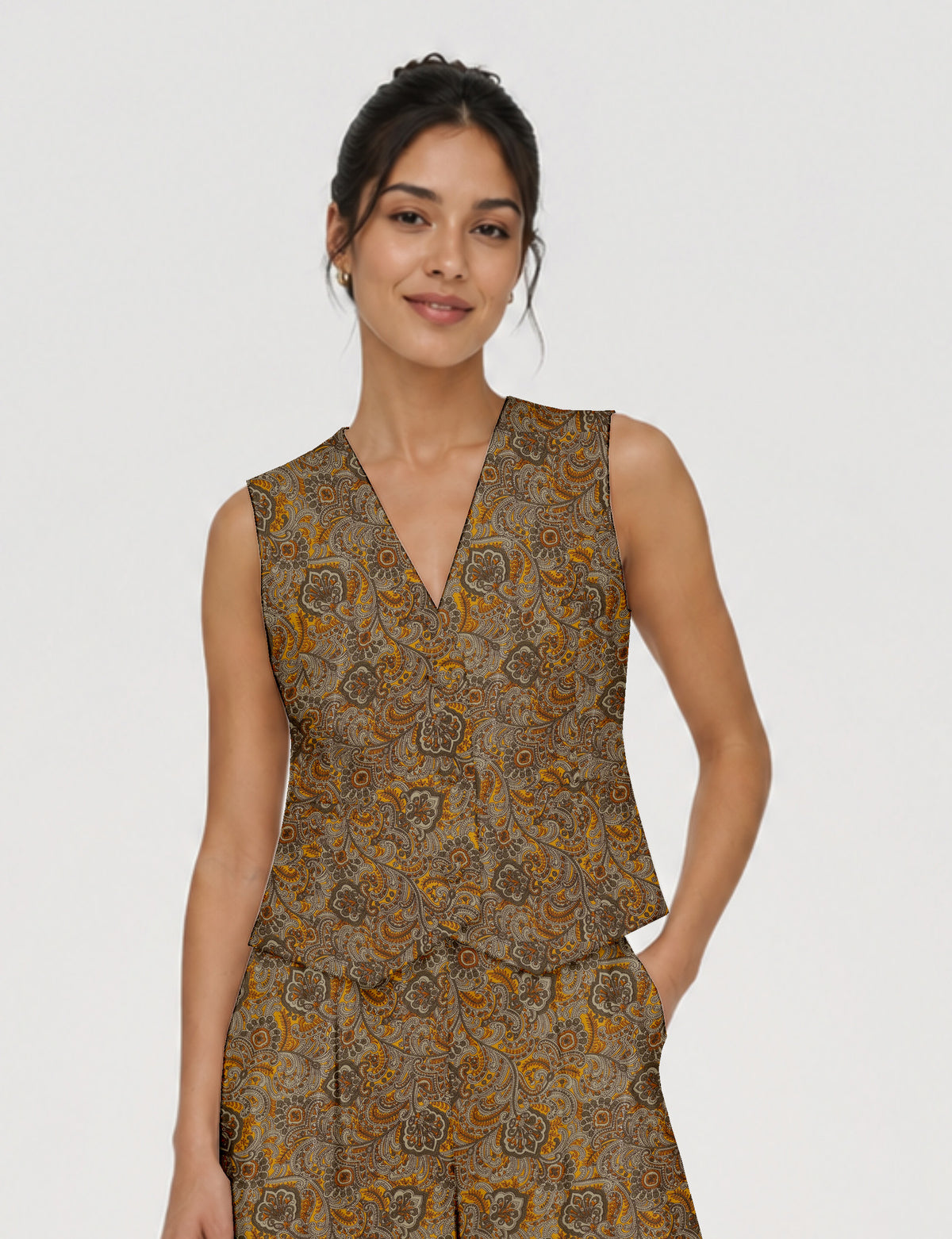 Women's fitted waistcoat with V-neck, single-breasted button closure, tailored silhouette, and pointed hem in sustainable fashion.