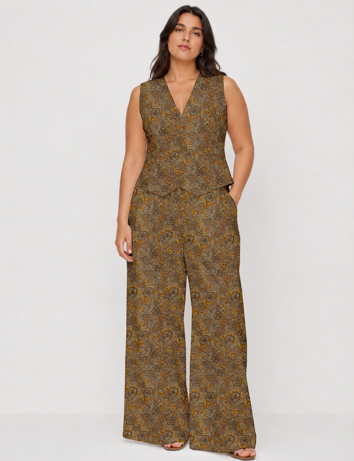 Women's tailored waistcoat set with a sleeveless V-neck button-front waistcoat and high-rise wide leg trousers in a coordinated matching outfit.