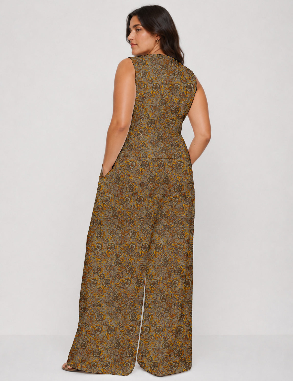 Women's tailored waistcoat set with a sleeveless V-neck button-front waistcoat and high-rise wide leg trousers in a coordinated matching outfit.