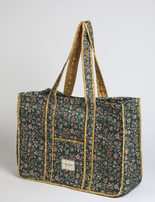 Quilted work tote bag - Green Floral