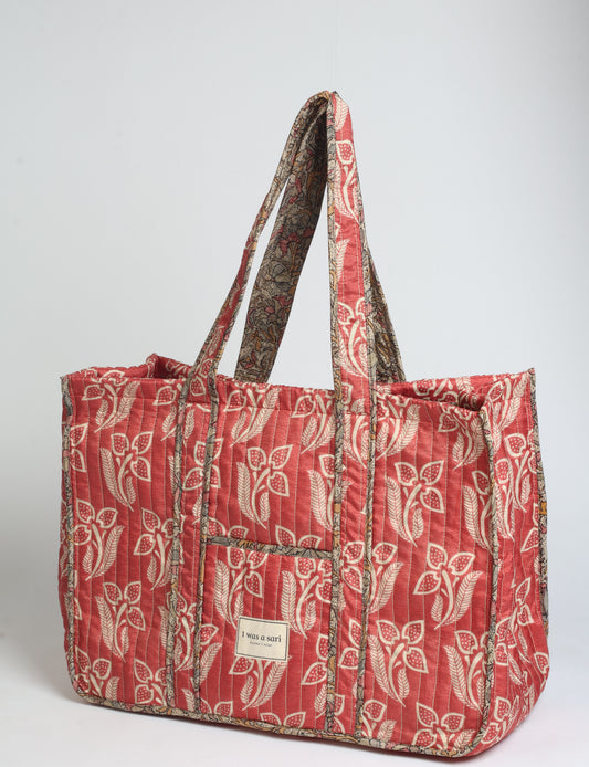 Quilted work tote bag - Red Floral