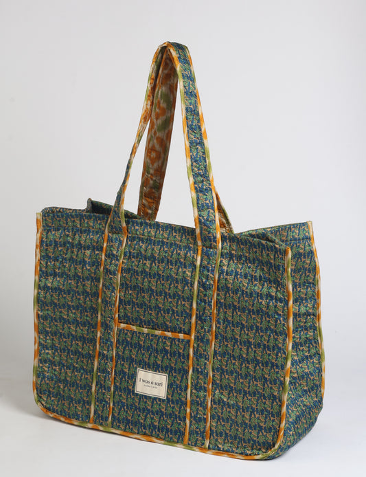 Quilted work tote bag - Green Indian Ethnic