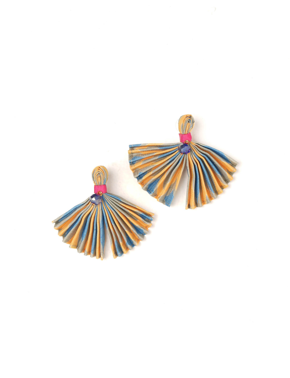 Yellow, blue, and gray pleated fabric earrings with pink band and blue gem detail, shown flat on white background