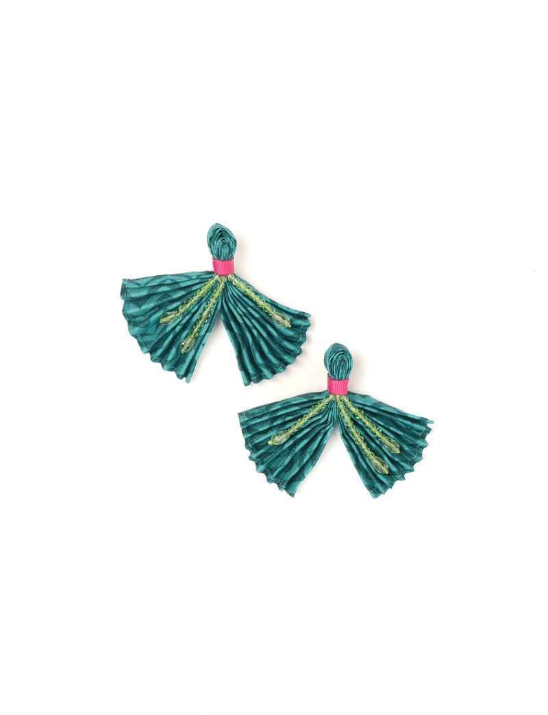 Green pleated fabric earrings with pink band and green bead embellishments, shown flat on white background