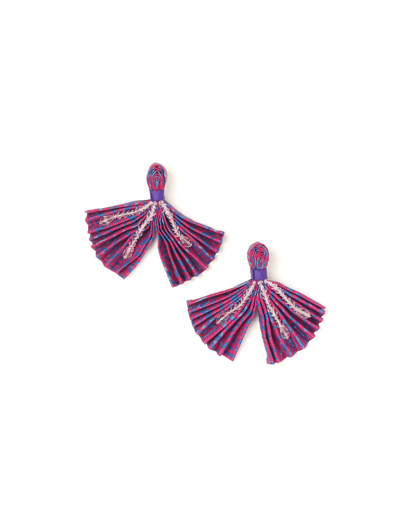 Purple pleated fabric earrings with micro blue and pink pattern and clear bead embellishments, shown flat on white background