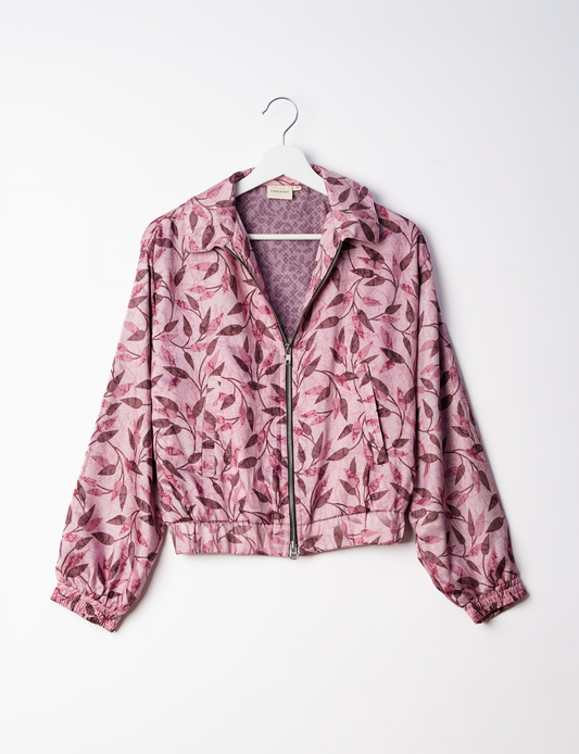 Stylish BOMBER JACKET, an upcycled clothing masterpiece with a cute cropped shape, elasticated details, and detachable metallic zipper. Contrast sari print lining adds a unique touch. Explore sustainable and eco-friendly fashion.