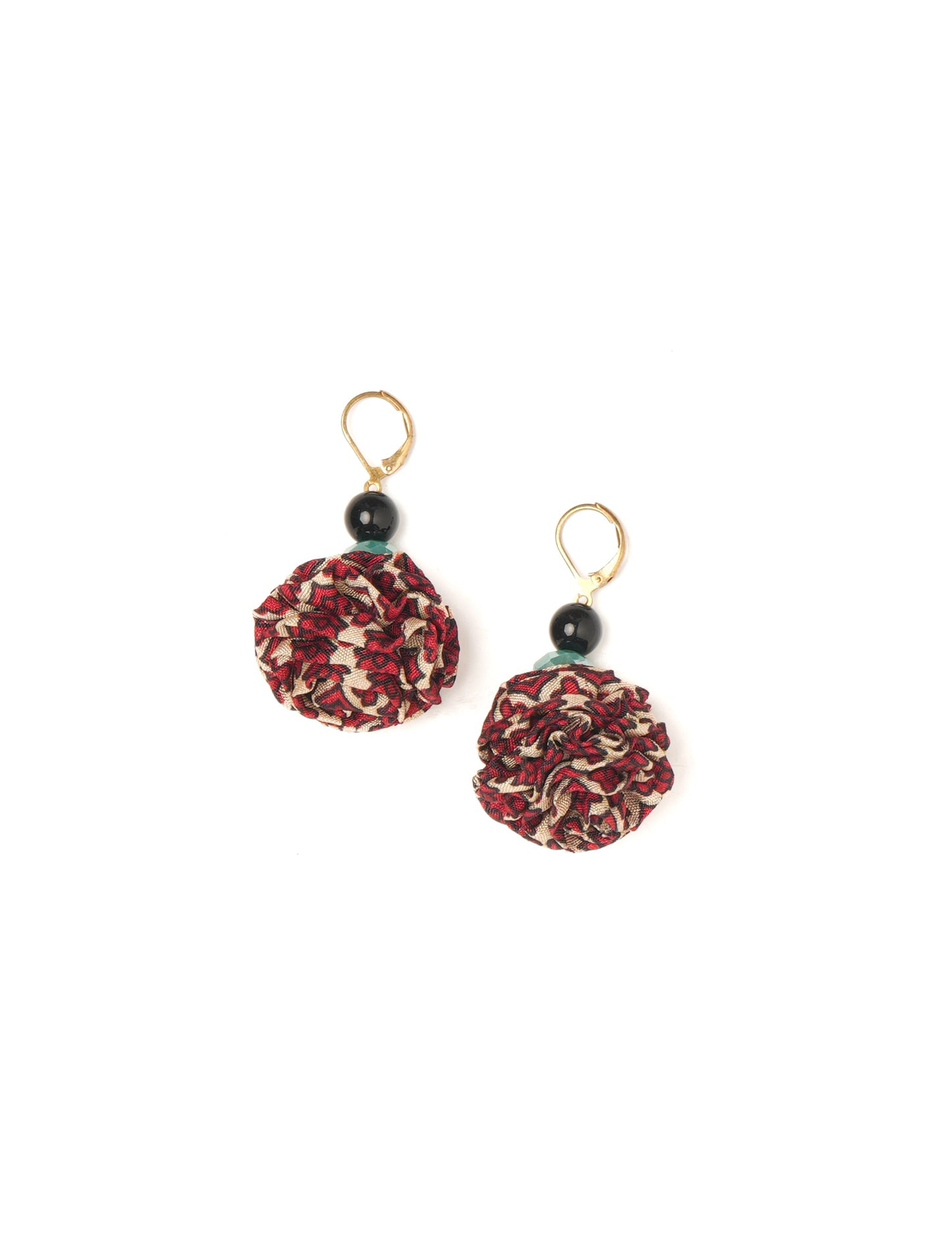 Elevate your style with our Ruffle Earrings, adorned with unique ruffle ball florets crafted from upcycled Indian saris using the traditional Aari embroidery technique. These sustainable earrings feature two glass beads and nickel-free, hypoallergenic metal hooks. Embrace ethical and green fashion with these statement pieces.